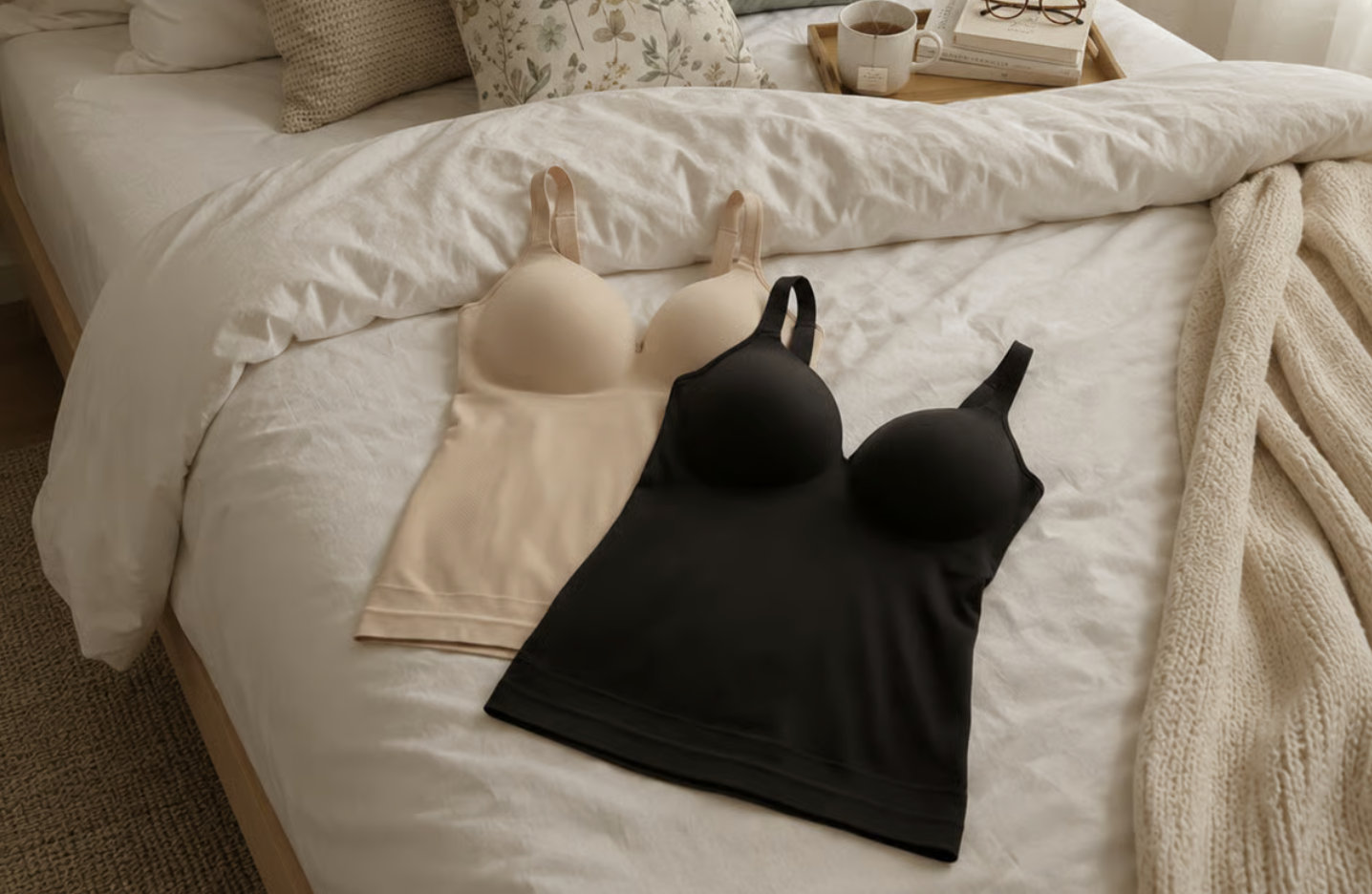 Nude and black Sweetheart Built-In Bra Shaper Camis on a bed